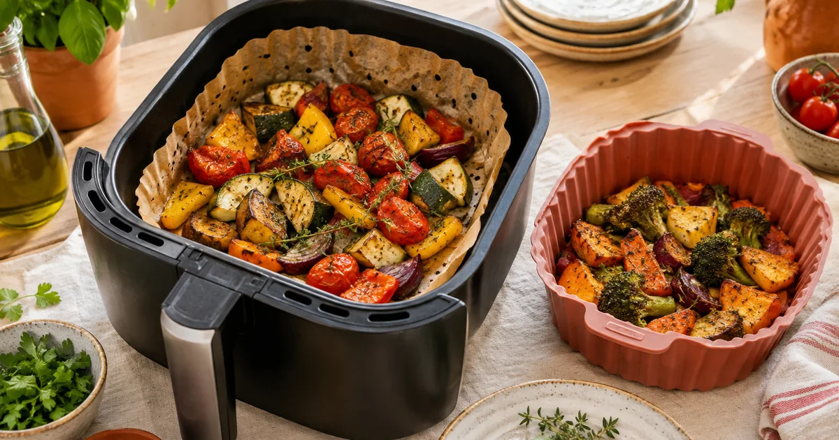 Accessoires air fryer : panier tapissé de papier cuisson perforé avec légumes, moule en silicone