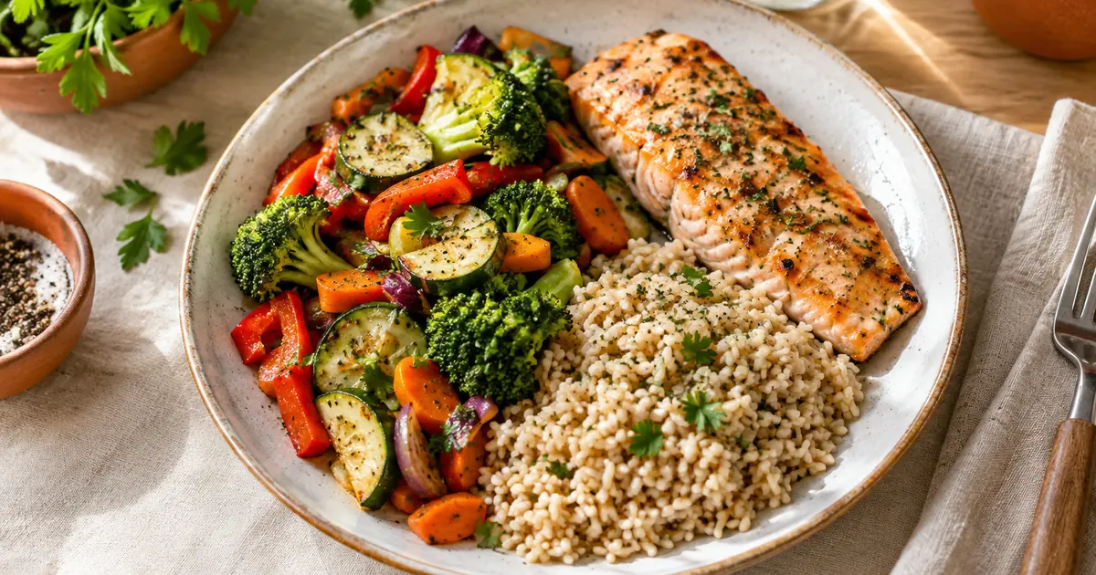 Assiette équilibrée vue du dessus : moitié légumes, un quart riz complet, un quart saumon