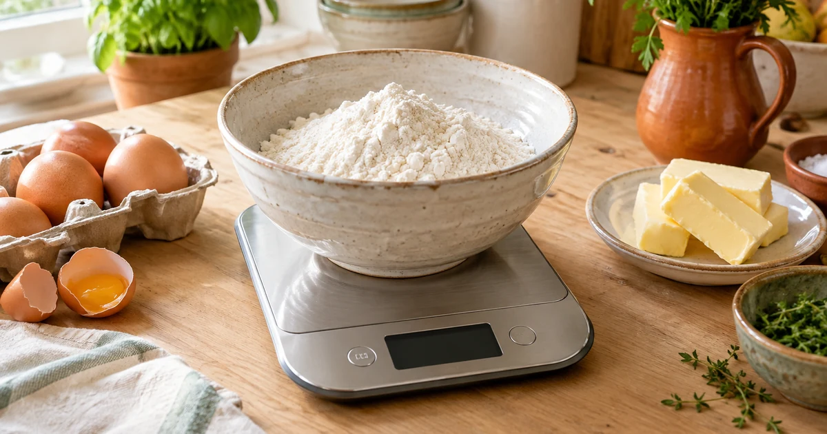 Balance de cuisine numérique en inox avec un bol de farine, des œufs et du beurre sur la table