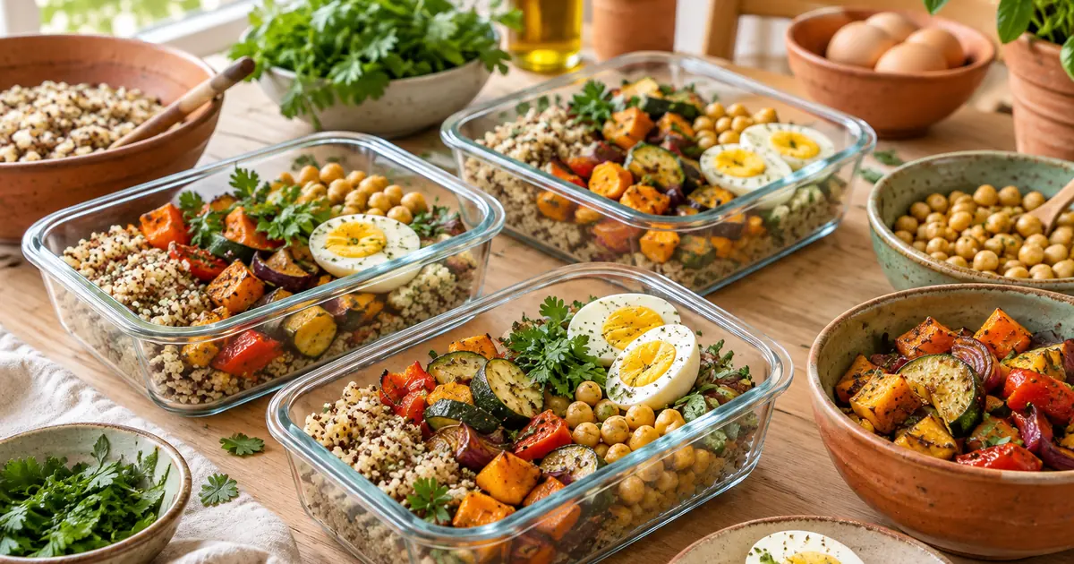 Batch cooking healthy : boîtes en verre avec quinoa, légumes rôtis, pois chiches et œufs durs
