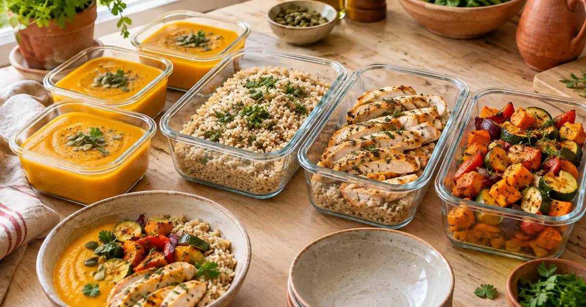 Batch cooking de la semaine : boîtes en verre avec velouté, riz complet, poulet et légumes rôtis