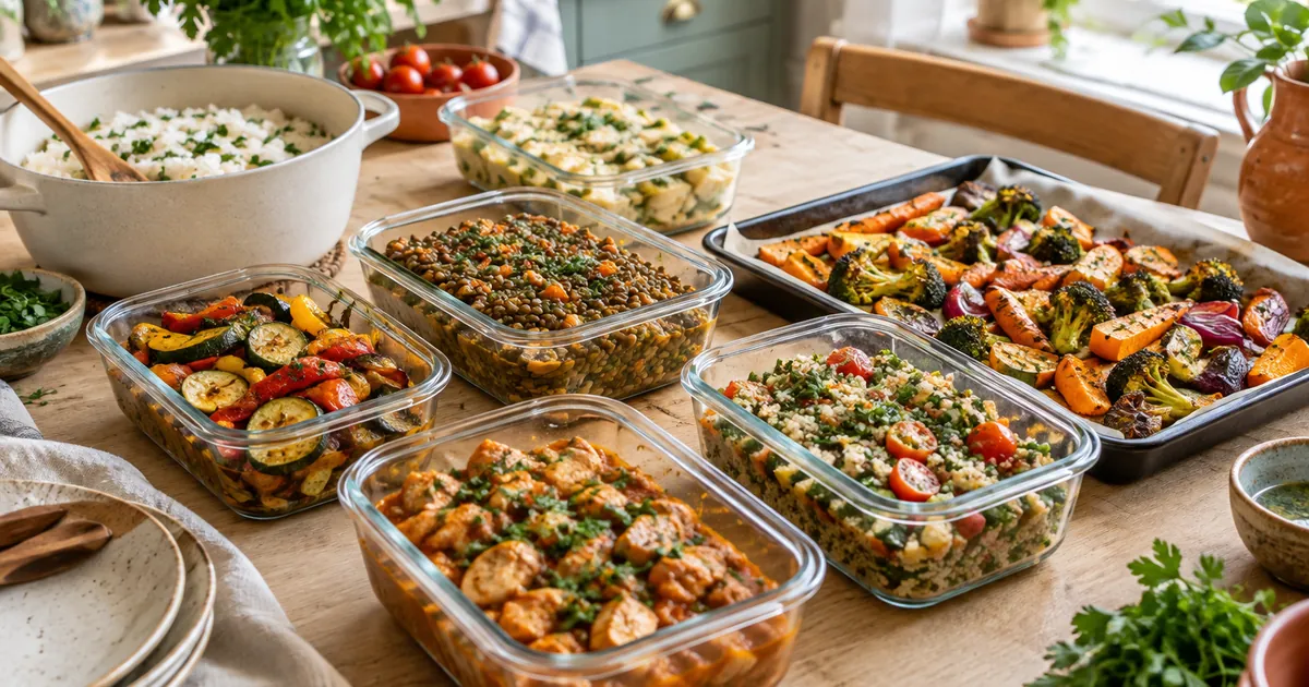 Batch cooking du dimanche : boîtes en verre de plats préparés, plaque de légumes rôtis et riz