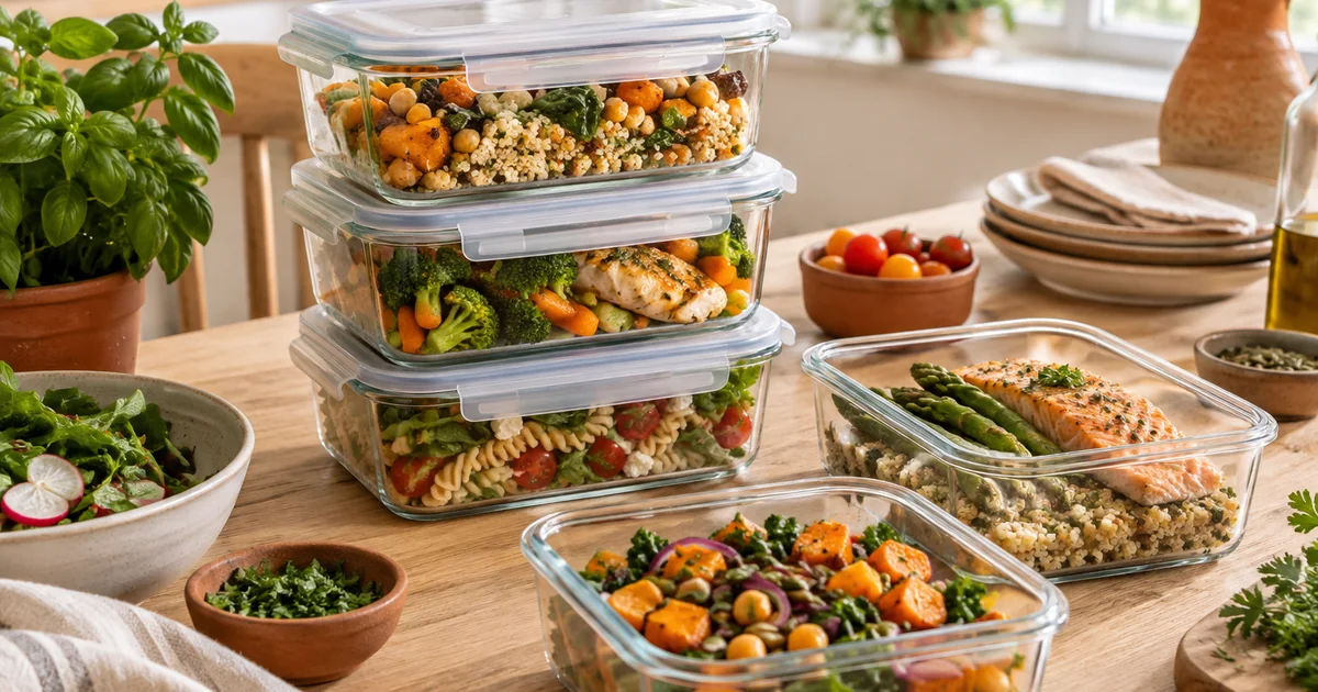 Boîtes repas en verre pour le meal prep, empilées et remplies de plats équilibrés