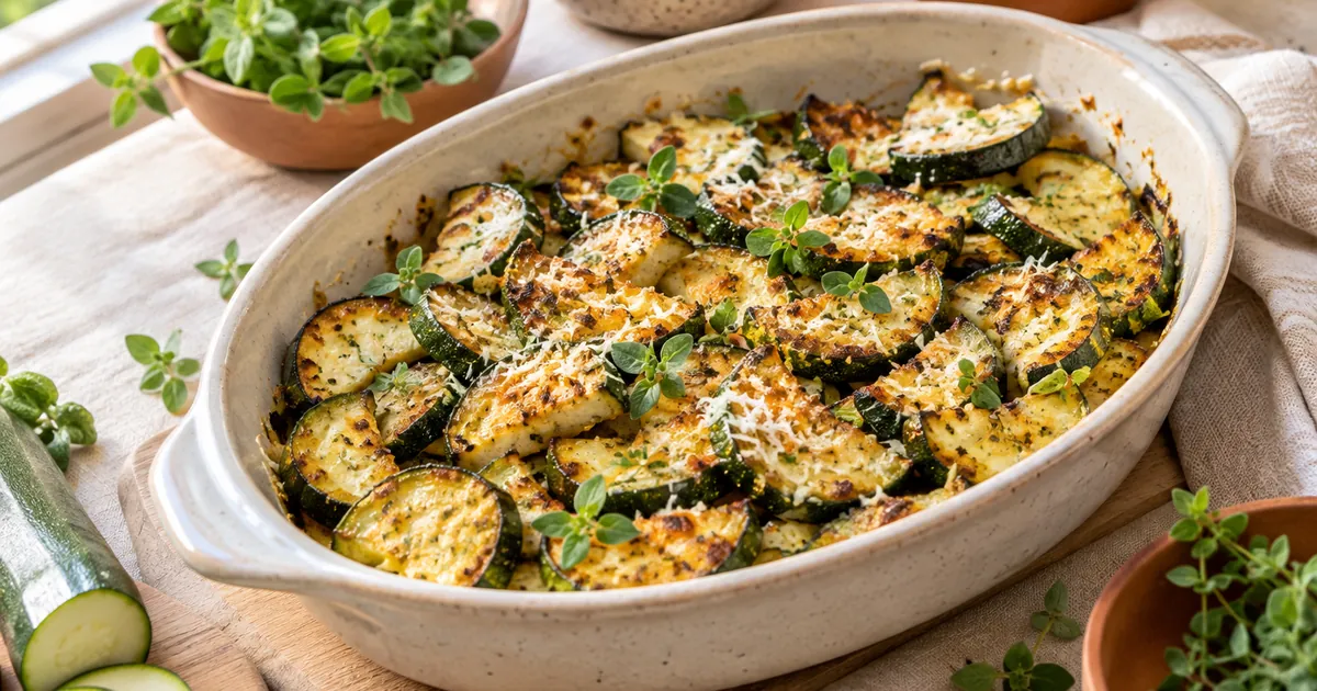 Courgettes au air fryer gratinées au parmesan dans un plat en céramique, origan frais