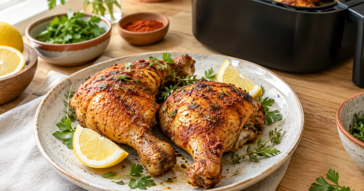 Cuisses de poulet au air fryer dorées et croustillantes au paprika, servies avec citron et herbes