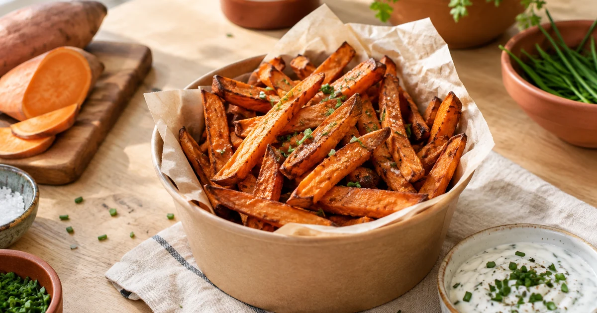 Frites de patate douce au air fryer croustillantes, servies avec une sauce au yaourt et ciboulette