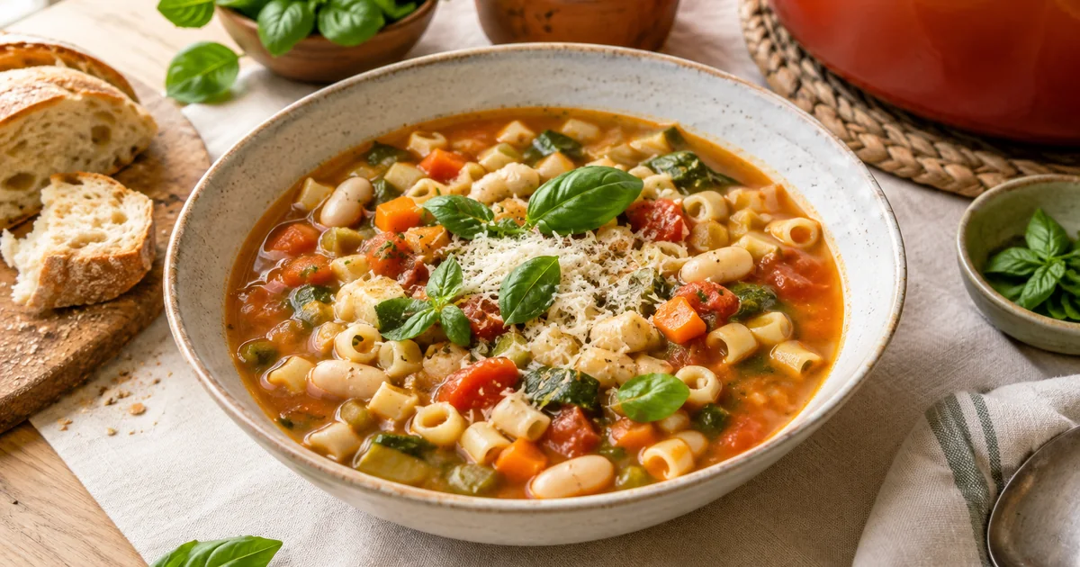Minestrone en assiette creuse avec légumes, haricots blancs, petites pâtes, parmesan et basilic