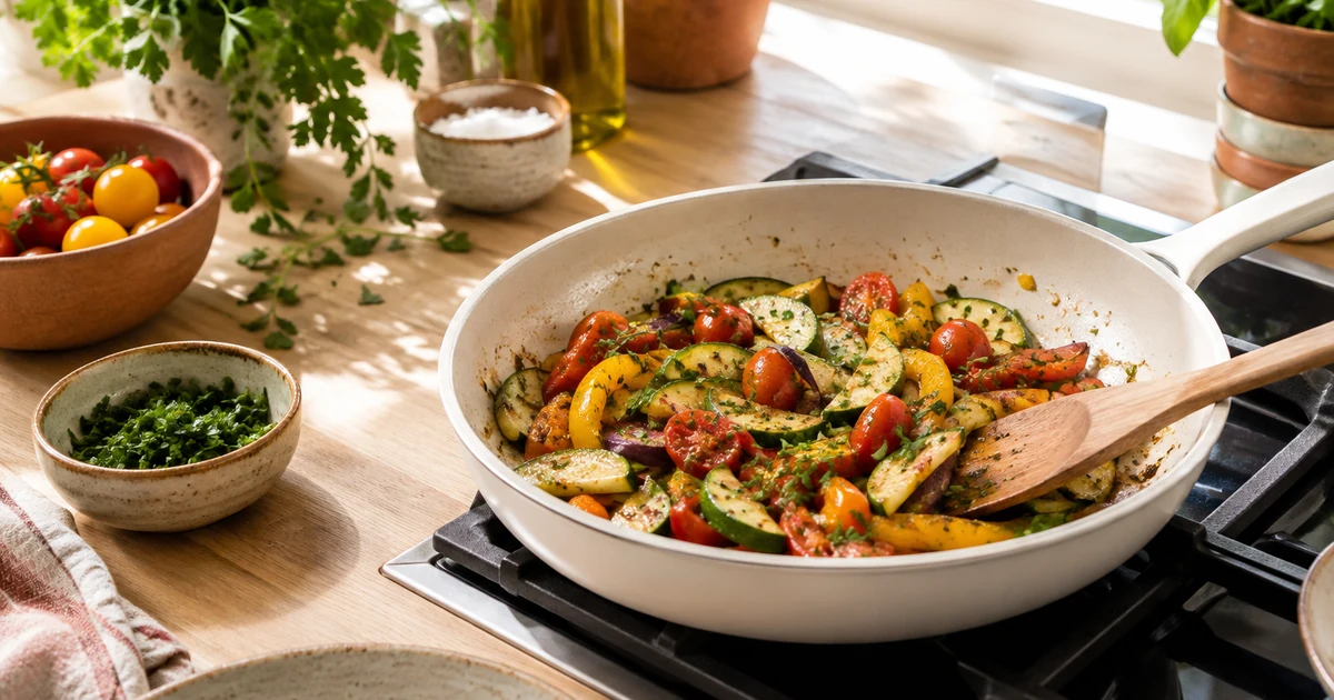 Poêle sans PFAS en céramique claire avec légumes sautés sur la cuisinière, spatule en bois