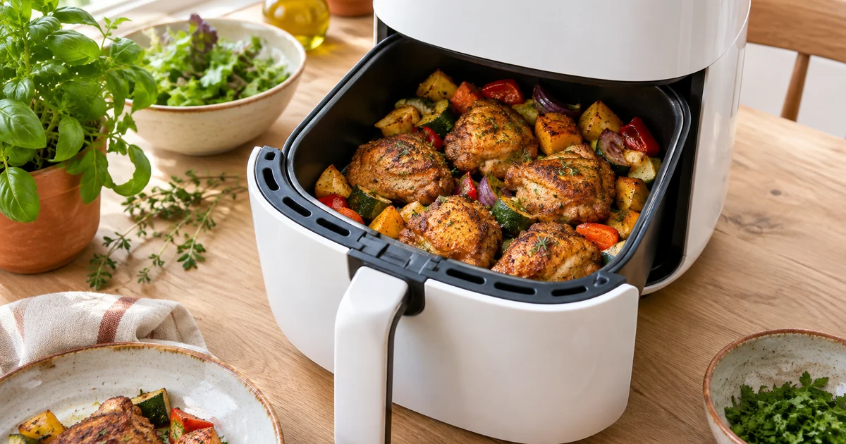 Recettes au air fryer : panier ouvert rempli de légumes rôtis et de morceaux de poulet dorés