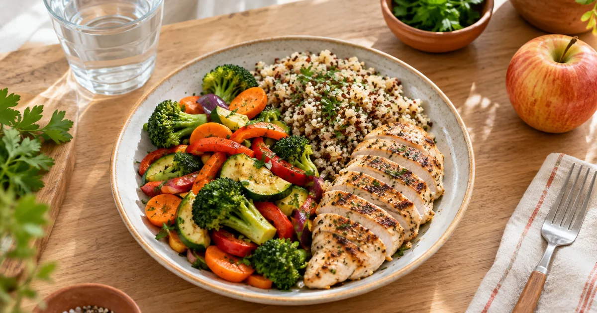 Rééquilibrage alimentaire : assiette avec moitié légumes colorés, quinoa et filet de poulet