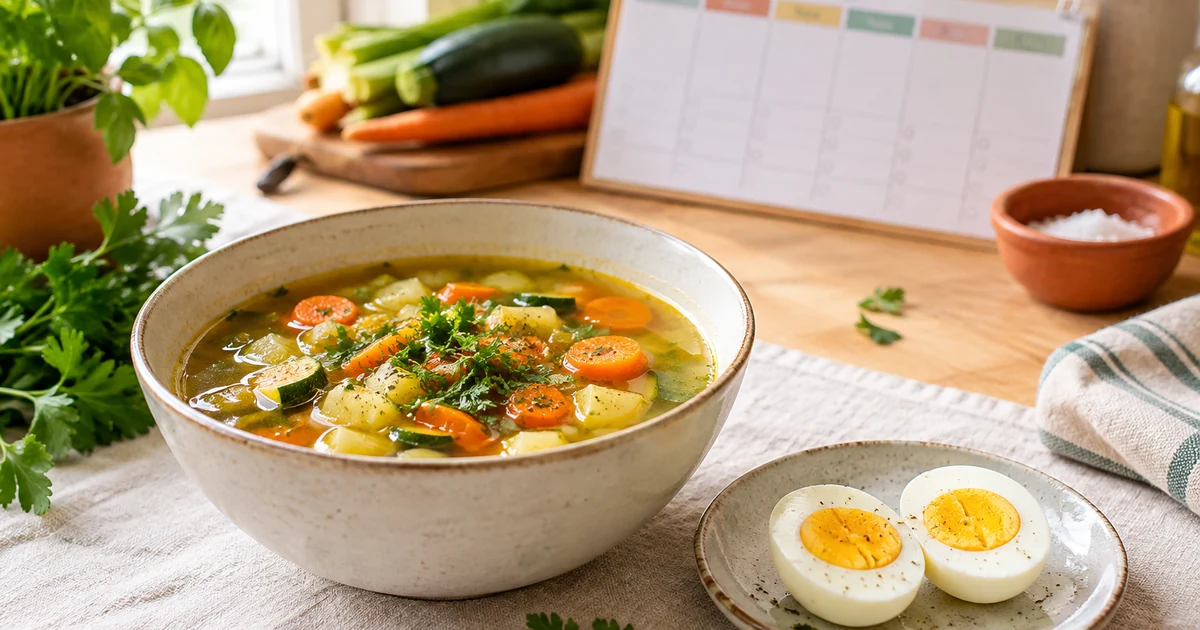 Régime 5:2 : bol de soupe de légumes et deux œufs durs, calendrier de semaine en arrière-plan