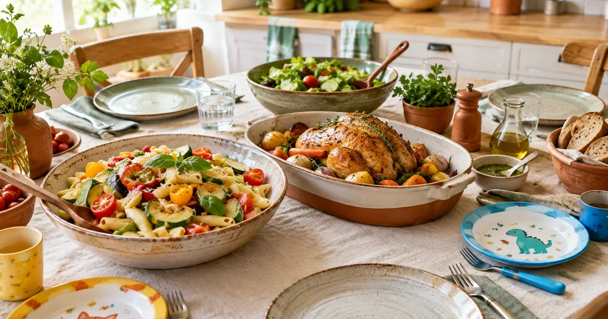 Idées repas famille : table familiale avec pâtes aux légumes, poulet rôti et assiettes d’enfants