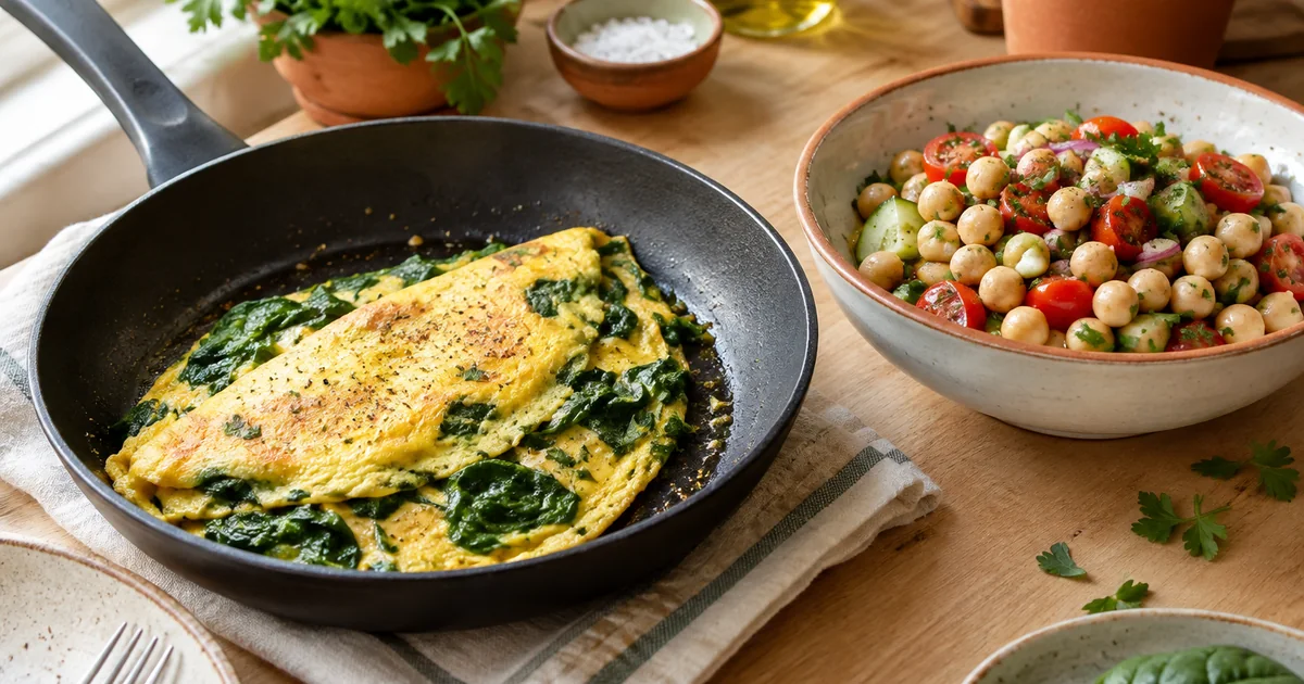 Idées repas rapides : omelette aux épinards dans la poêle et salade de pois chiches sur la table