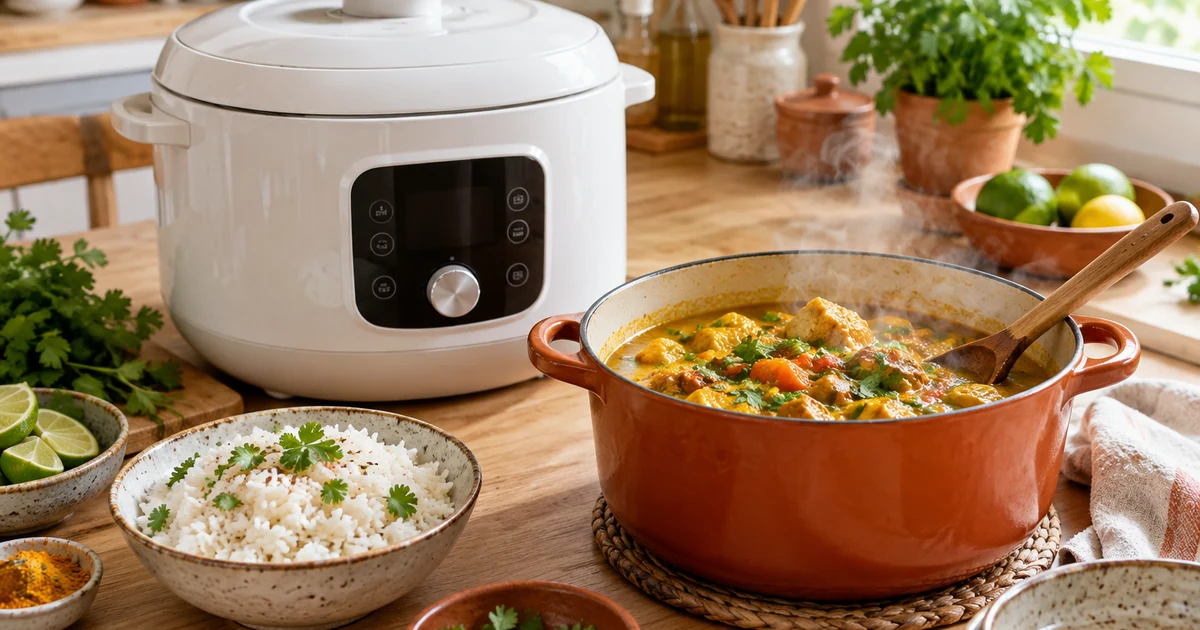 Robot cuiseur multifonction blanc sur le plan de travail, à côté d’une cocotte de curry fumante