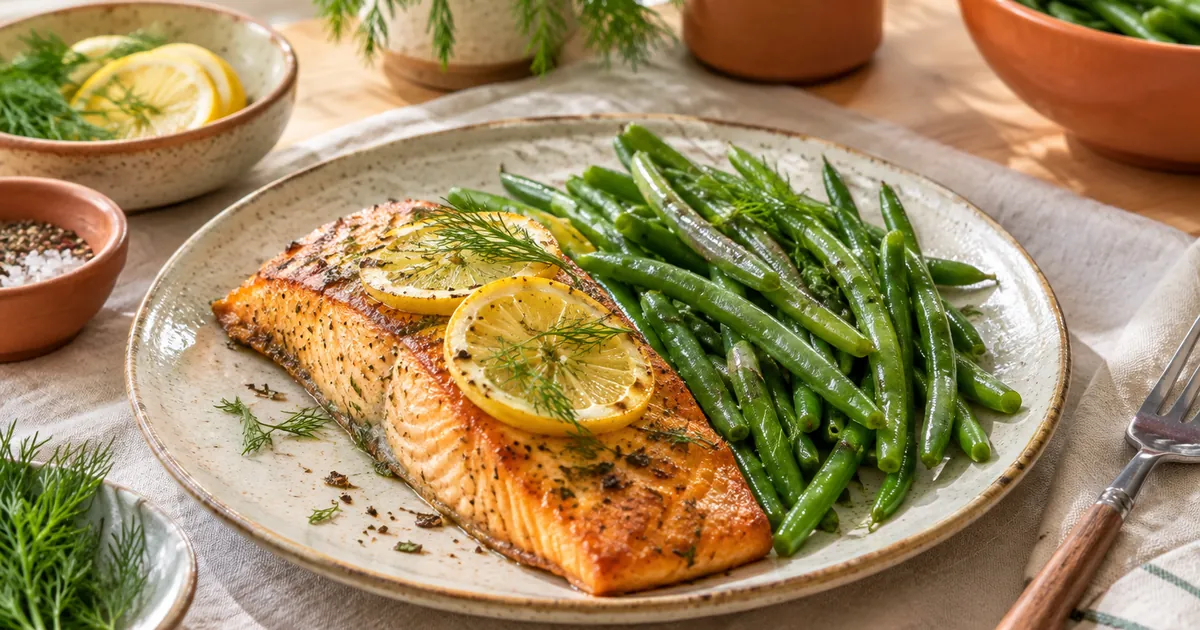 Pavé de saumon au air fryer doré avec rondelles de citron, aneth et haricots verts