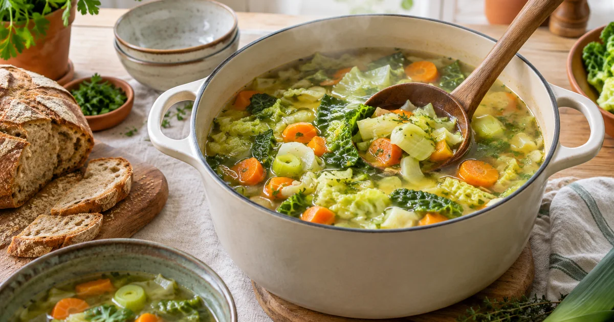 Soupe au chou maison fumante dans une cocotte, chou vert, carottes et poireaux, pain de campagne à côté