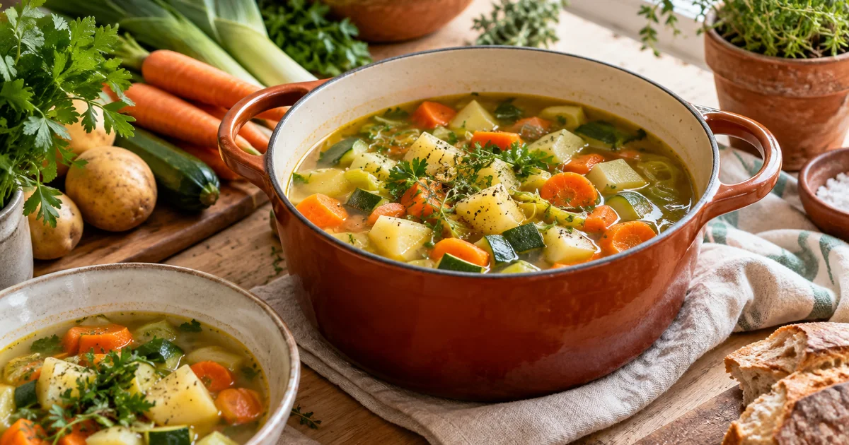 Soupe de légumes maison en cocotte avec carottes, poireaux, pommes de terre et courgettes en morceaux