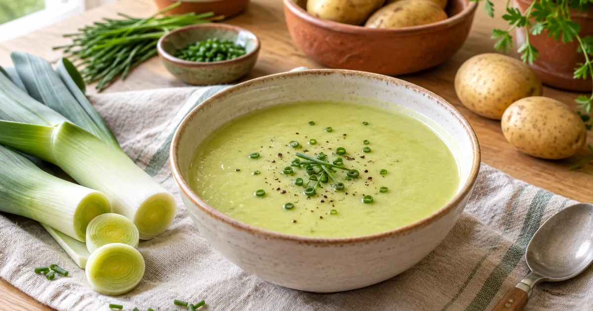 Soupe poireaux pommes de terre en velouté vert pâle, poireaux et pommes de terre crus sur un torchon