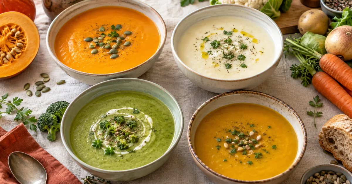 Soupes et veloutés légers de saison servis dans quatre bols colorés, légumes d’automne autour