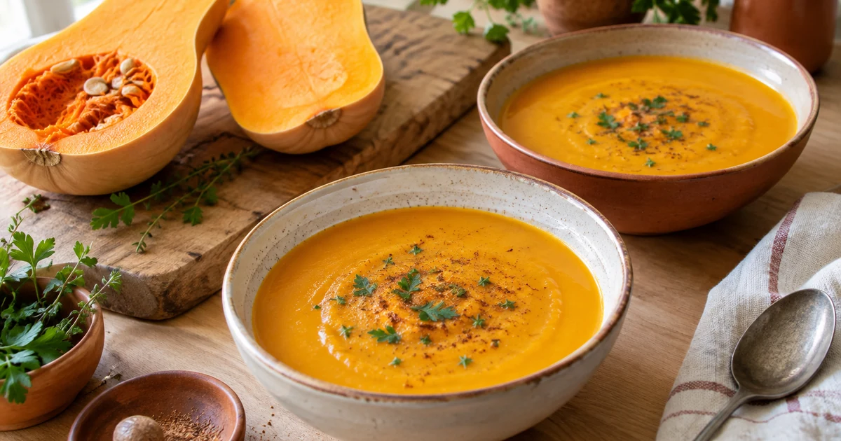Velouté de butternut orangé servi en bols, courge butternut coupée en deux sur une planche en bois