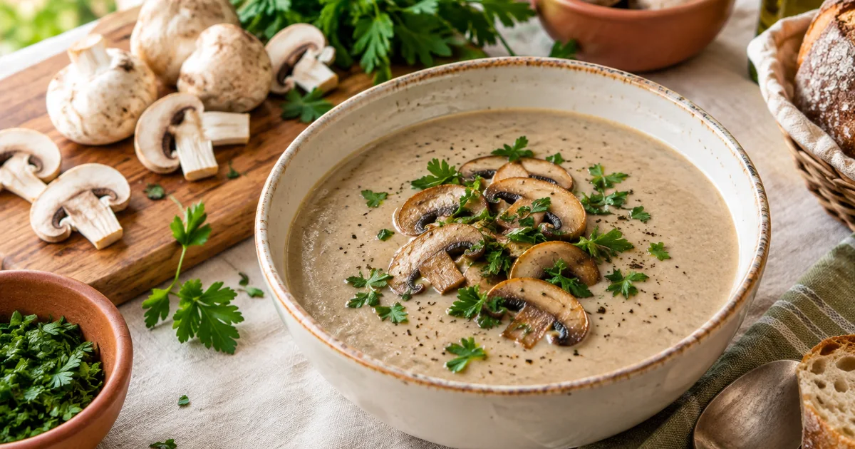 Velouté de champignons crémeux avec lamelles de champignons de Paris poêlées et persil frais