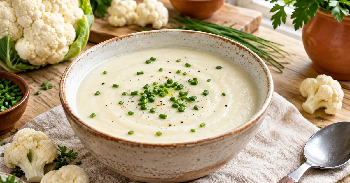 Velouté de chou-fleur blanc et crémeux parsemé de ciboulette, bouquets de chou-fleur frais autour du bol