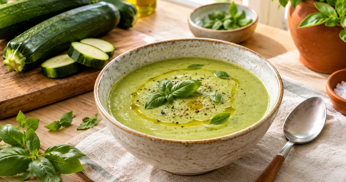 Velouté de courgettes vert tendre dans un bol, basilic frais et filet d’huile d’olive