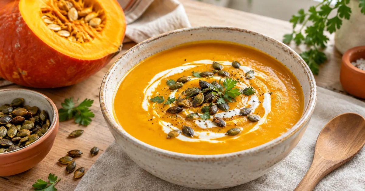 Velouté de potimarron onctueux dans un bol en céramique, graines de courge grillées et demi-potimarron à côté