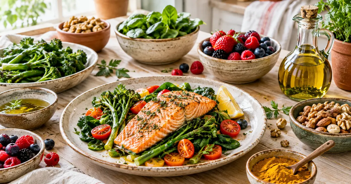 Table méditerranéenne avec saumon, légumes verts, fruits rouges, noix, huile d'olive et curcuma
