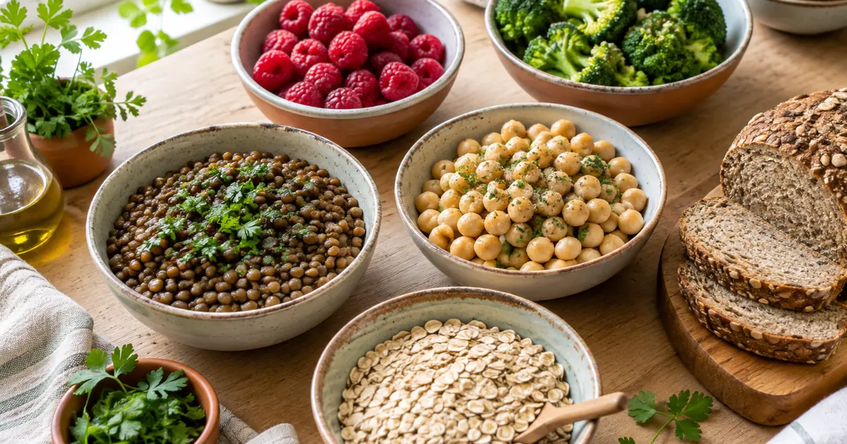Bols de lentilles, pois chiches, flocons d'avoine, framboises, brocoli et pain complet, riches en fibres
