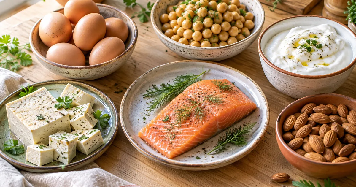 Œufs, saumon, tofu, pois chiches, skyr et amandes sur une table en bois, aliments riches en protéines
