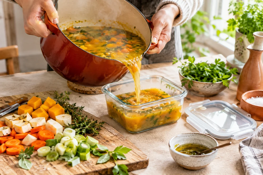 Plan rapproché d'une cuisine familiale lumineuse : une casserole de soupe maison fumante