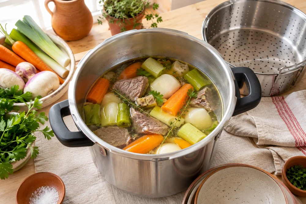 Dessus d'une cuve d'autocuiseur en inox ouverte contenant un pot-au-feu léger (carottes, poireaux, navets