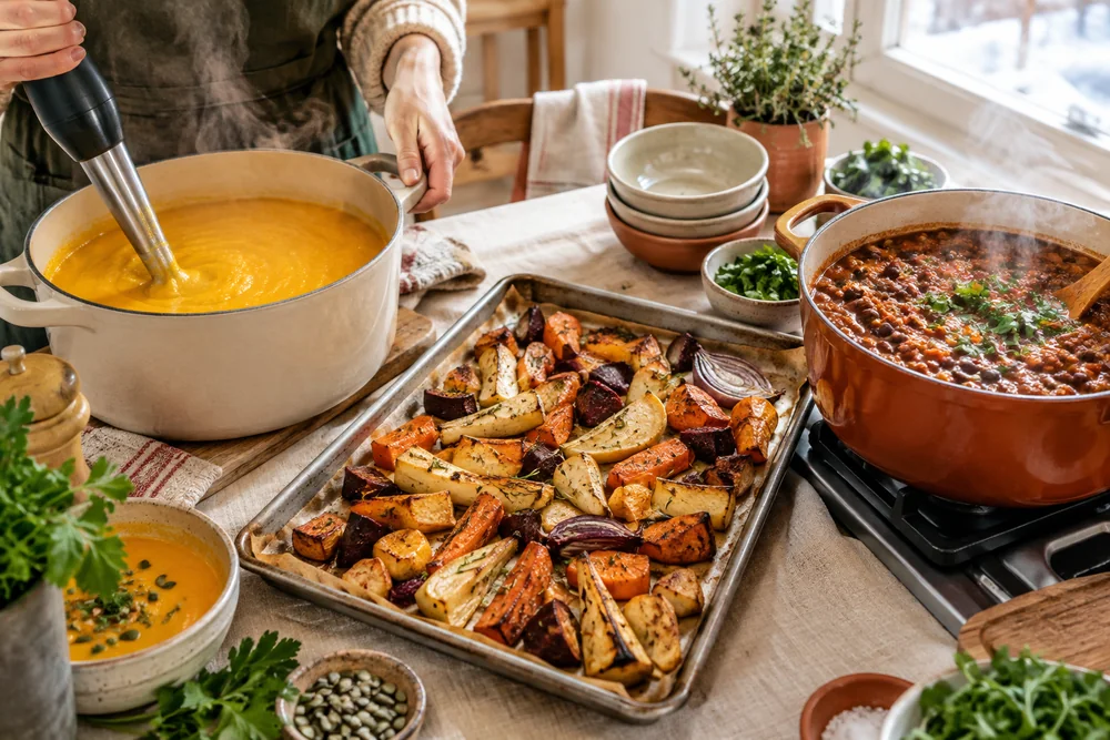 Cuisine lumineuse en hiver : une grande casserole de soupe de potiron en train d'être mixée