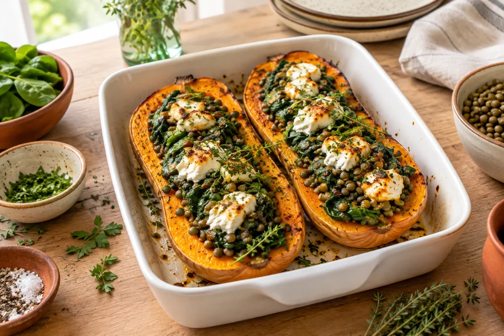 Deux moitiés de butternut rôties et farcies de lentilles vertes, d'épinards et de chèvre frais doré