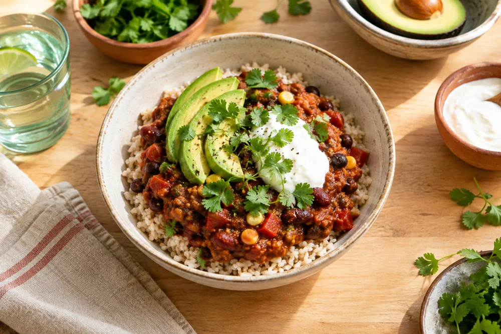 Bol de chili sin carne servi sur du riz complet, garni de coriandre
