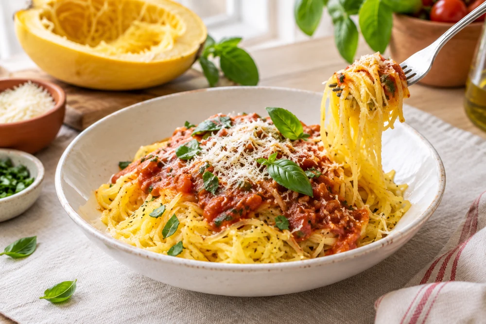 Filaments de courge spaghetti dans une assiette creuse blanche, nappés de sauce tomate-basilic, parmesan râpé
