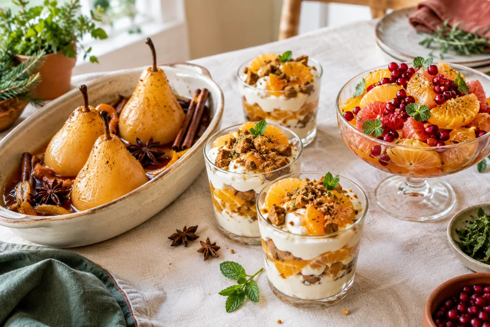 Trois desserts de fêtes légers côte à côte : poires pochées aux épices dans un plat avec bâtons de cannelle et badiane
