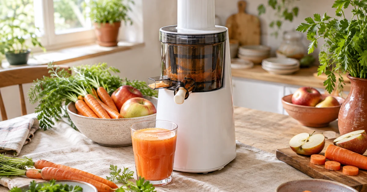 Extracteur de jus vertical blanc à côté d'un verre de jus de carotte et de pomme et de légumes frais