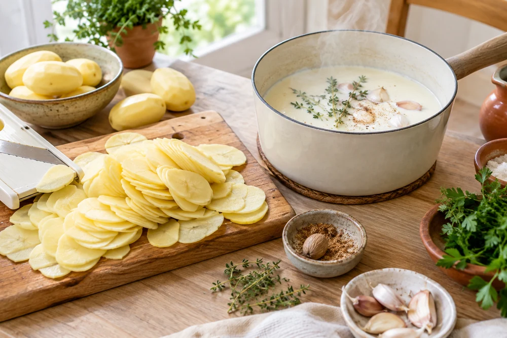 Pommes de terre épluchées tranchées très finement à la mandoline sur une planche