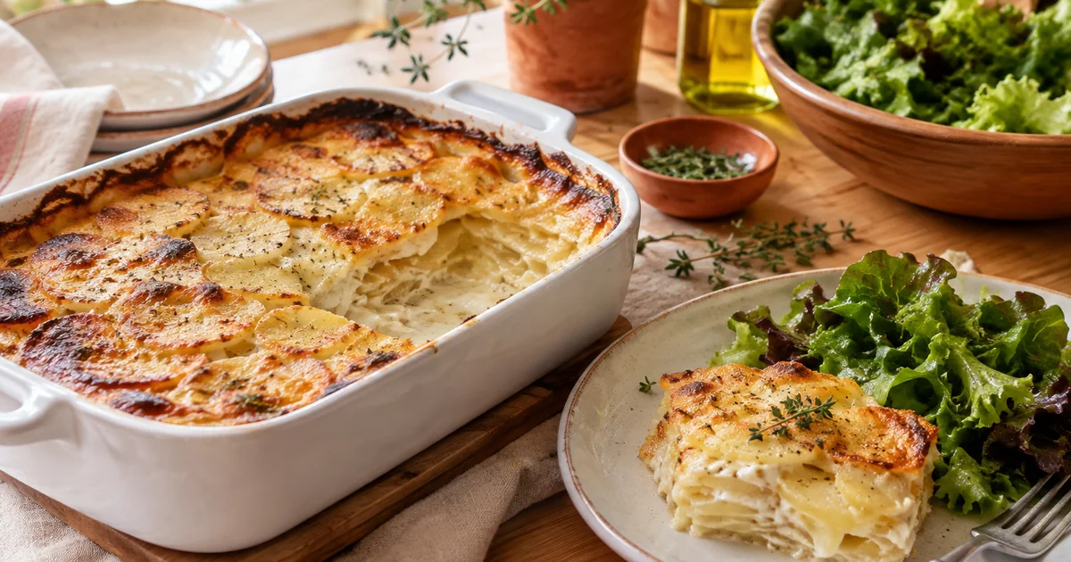 Plat à gratin en céramique blanche sorti du four, gratin dauphinois aux fines tranches de pommes de terre superposées