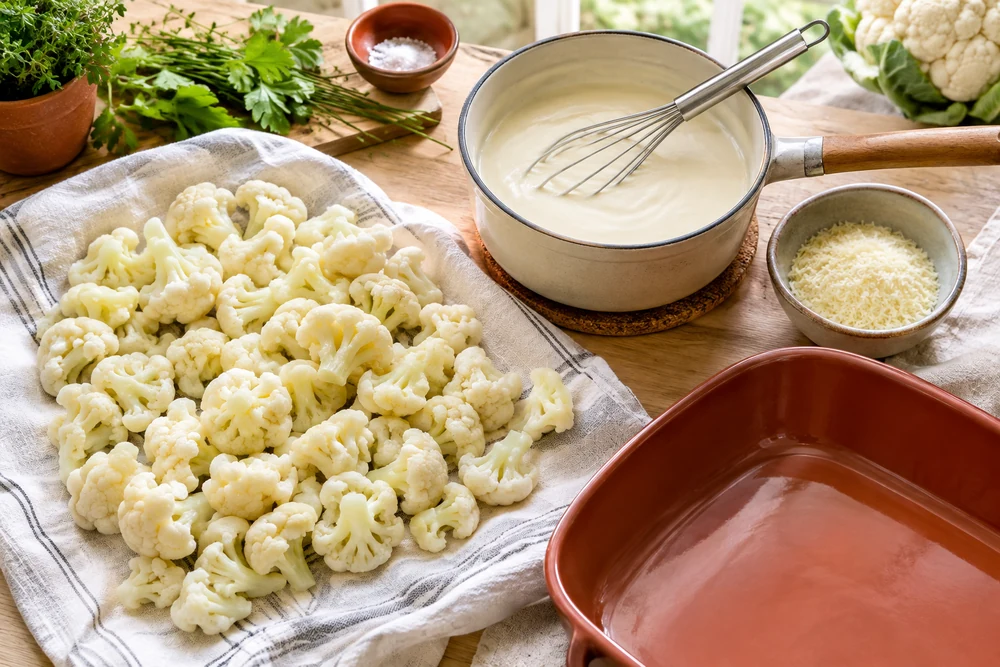 Bouquets de chou-fleur précuits à la vapeur étalés sur un torchon en lin blanc pour sécher