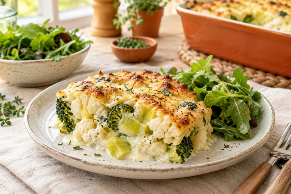Gros plan sur une part de gratin de légumes servie dans une assiette : couches de chou-fleur