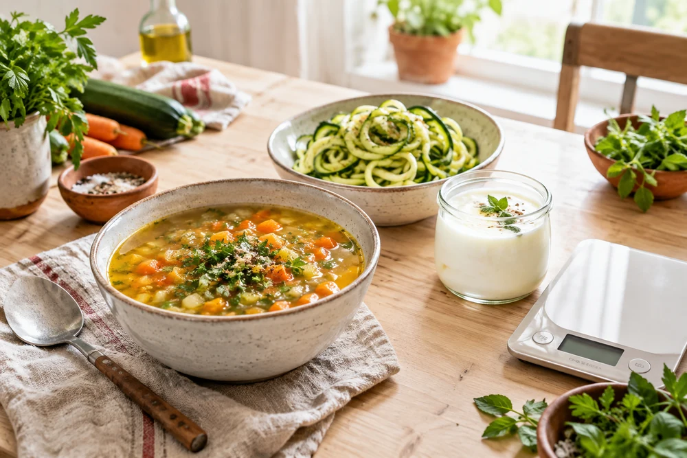 Plan de travail clair avec un bol de soupe de légumes, des spirales de courgette