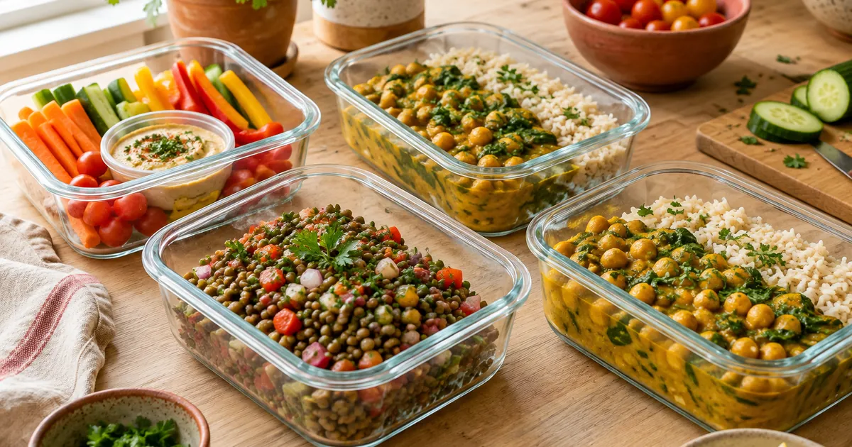 Boîtes repas en verre avec salade de lentilles, curry de pois chiches, riz et bâtonnets de crudités