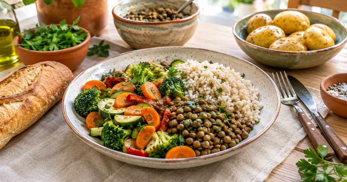 Assiette de légumineuses, riz complet et légumes à côté d'une baguette et de pommes de terre
