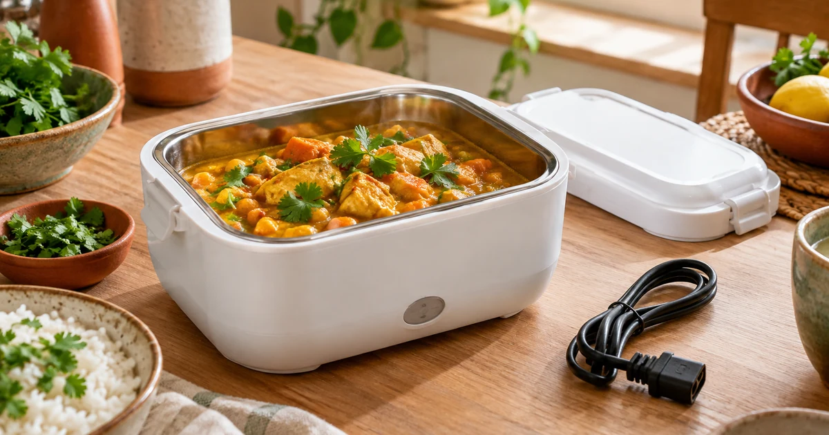 Lunch box chauffante blanche avec bac inox ouvert contenant un curry de légumes chaud, câble posé à côté