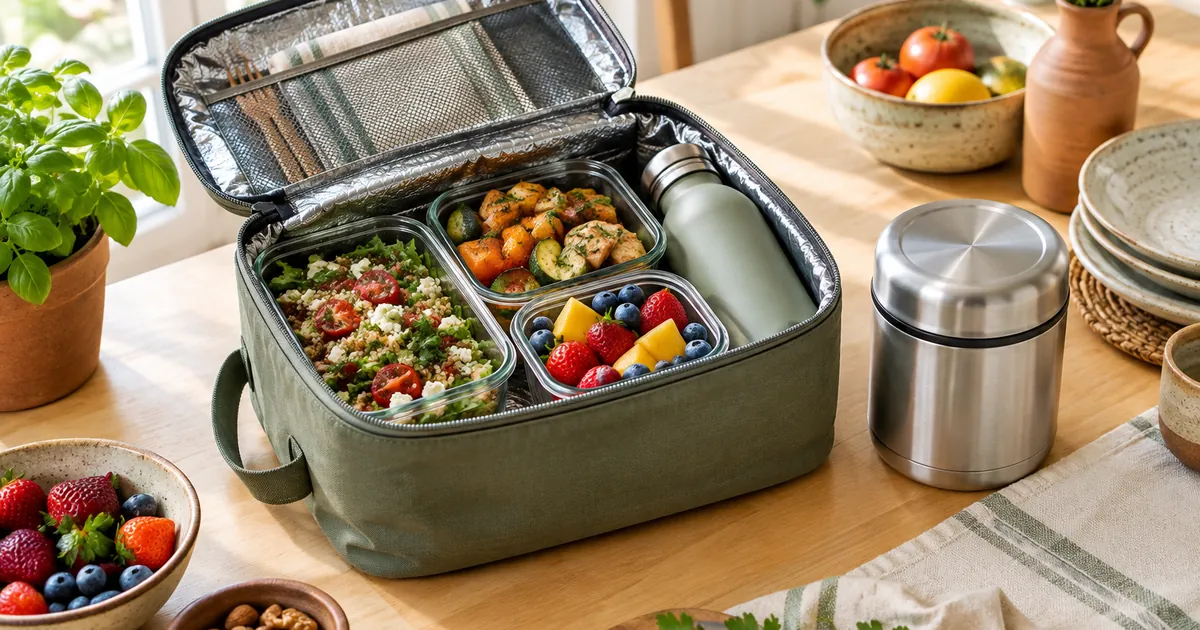 Sac isotherme repas ouvert avec boîtes compartimentées, gourde et boîte isotherme en inox à côté