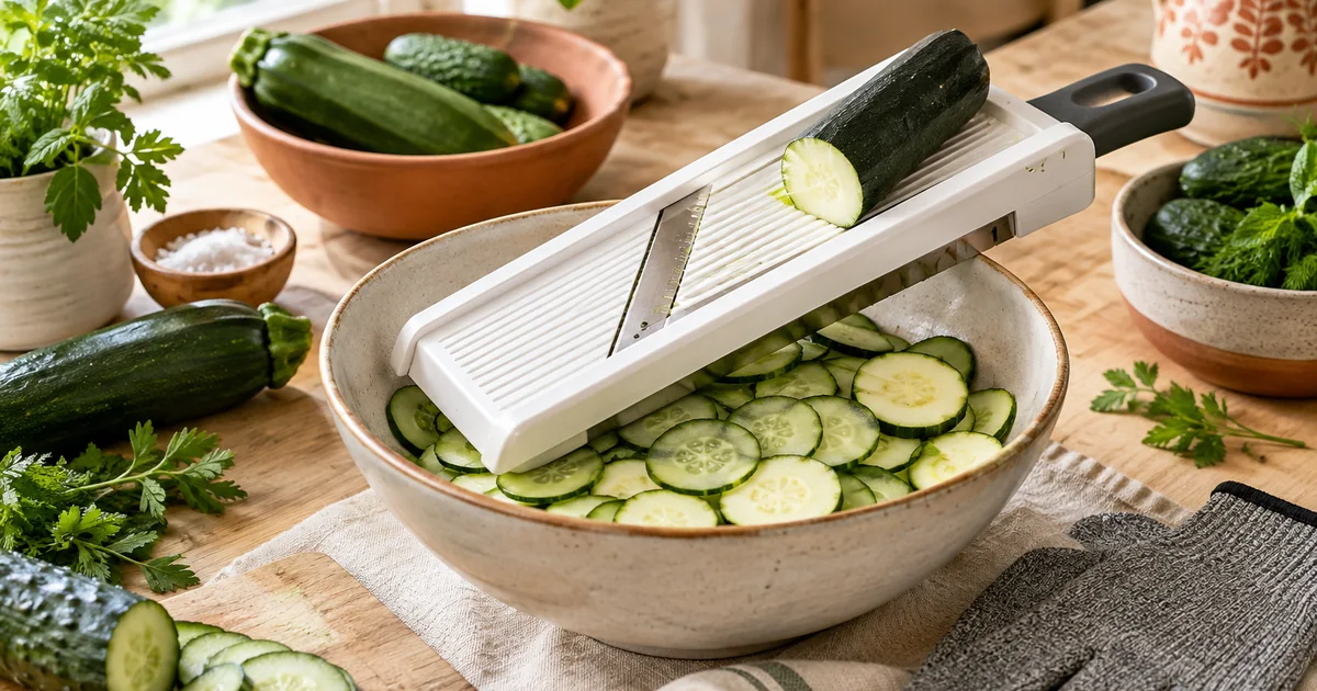 Mandoline de cuisine posée sur un bol de fines rondelles de courgette et de concombre, gant anti-coupure