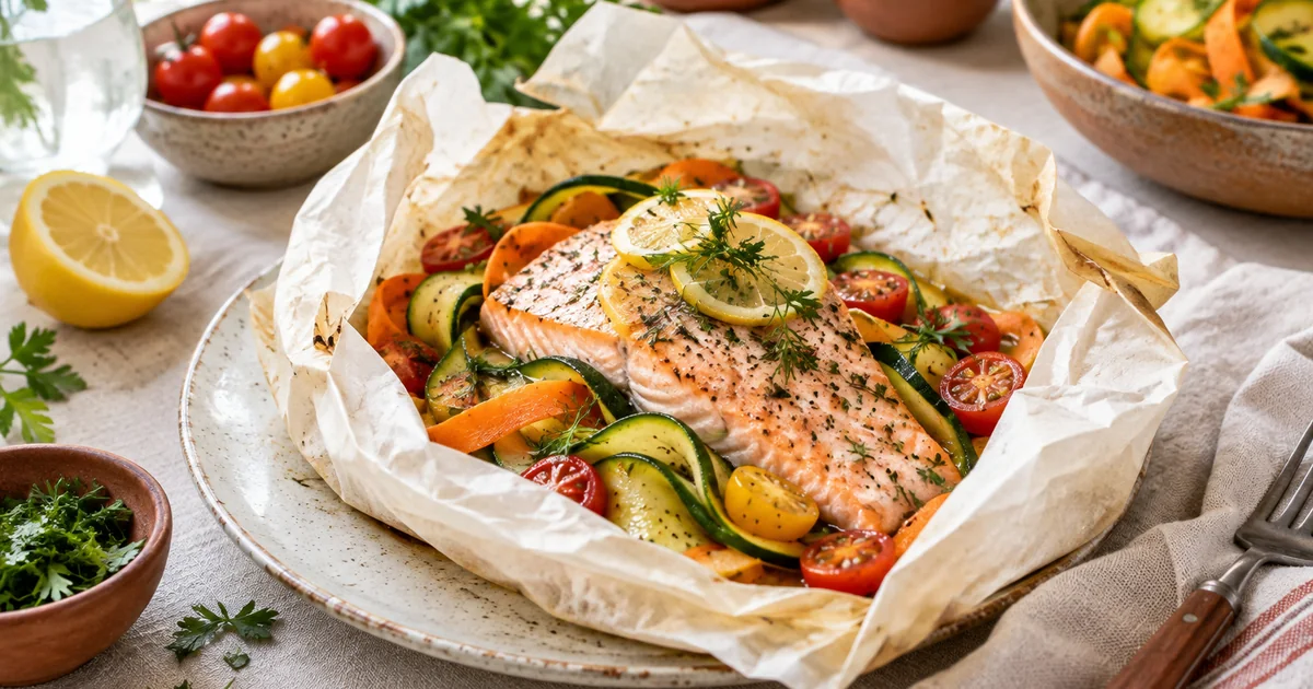Papillote de saumon ouverte sur papier cuisson avec rubans de courgette, carotte, tomates cerises et citron